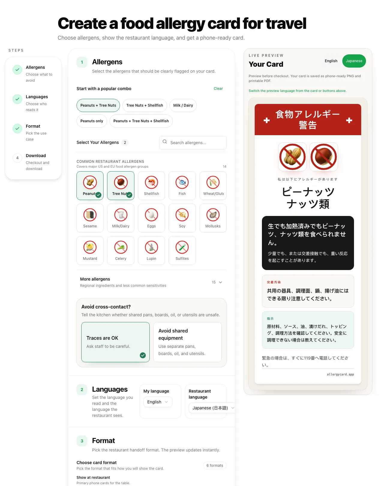 Three-step allergy card workflow illustration