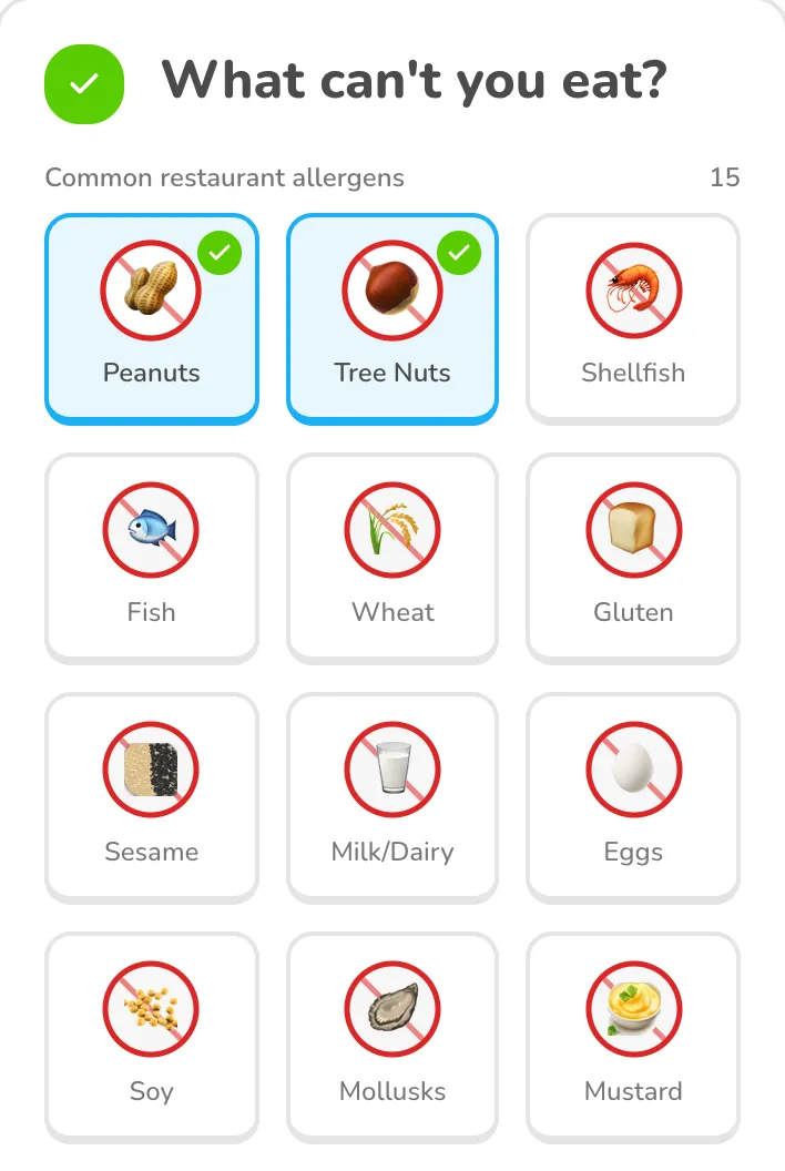 Step 1 of the builder: the allergen grid
